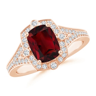 8x6mm AAA Art Deco Inspired Cushion Garnet Ring with Diamond Halo in 9K Rose Gold