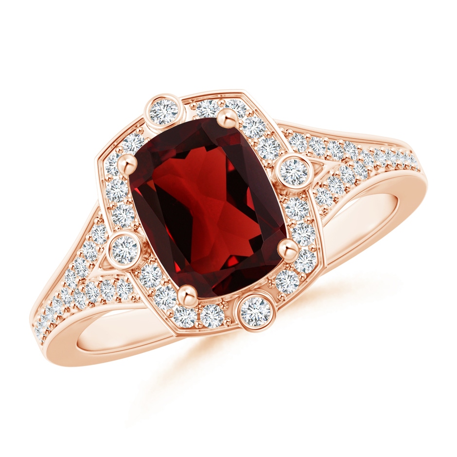 8x6mm AAA Art Deco Inspired Cushion Garnet Ring with Diamond Halo in 9K Rose Gold 