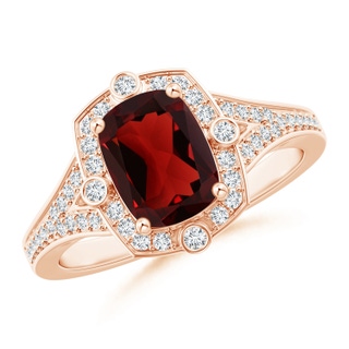 8x6mm AAA Art Deco Inspired Cushion Garnet Ring with Diamond Halo in Rose Gold