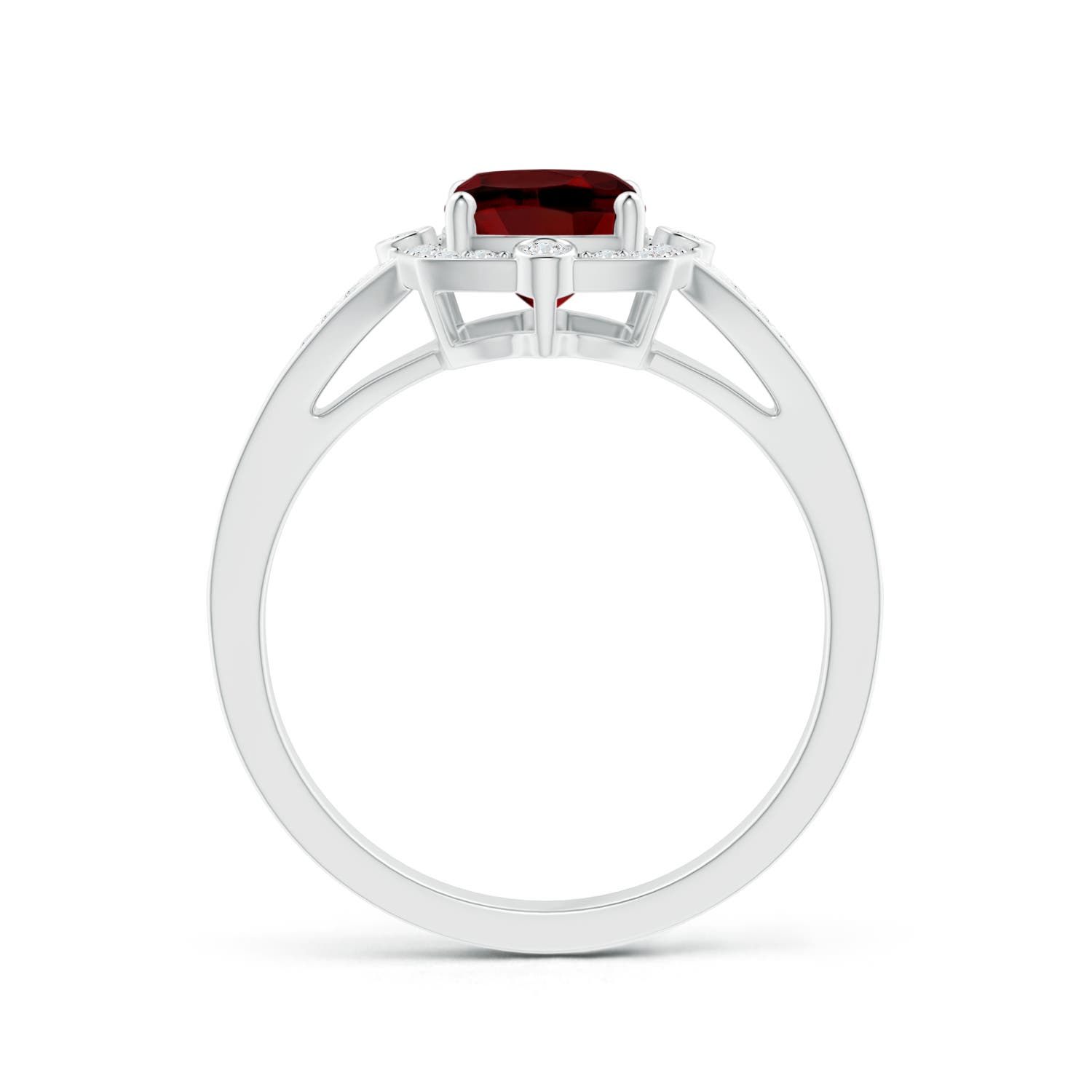 8x6mm AAAA Art Deco Inspired Cushion Garnet Ring with Diamond Halo in White Gold - side 2