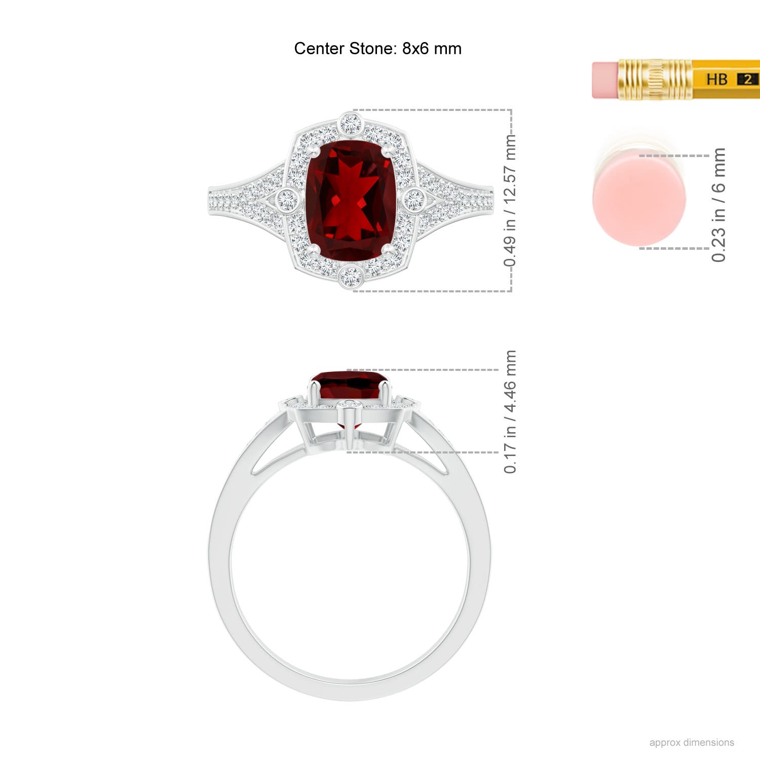 8x6mm AAAA Art Deco Inspired Cushion Garnet Ring with Diamond Halo in White Gold - ruler