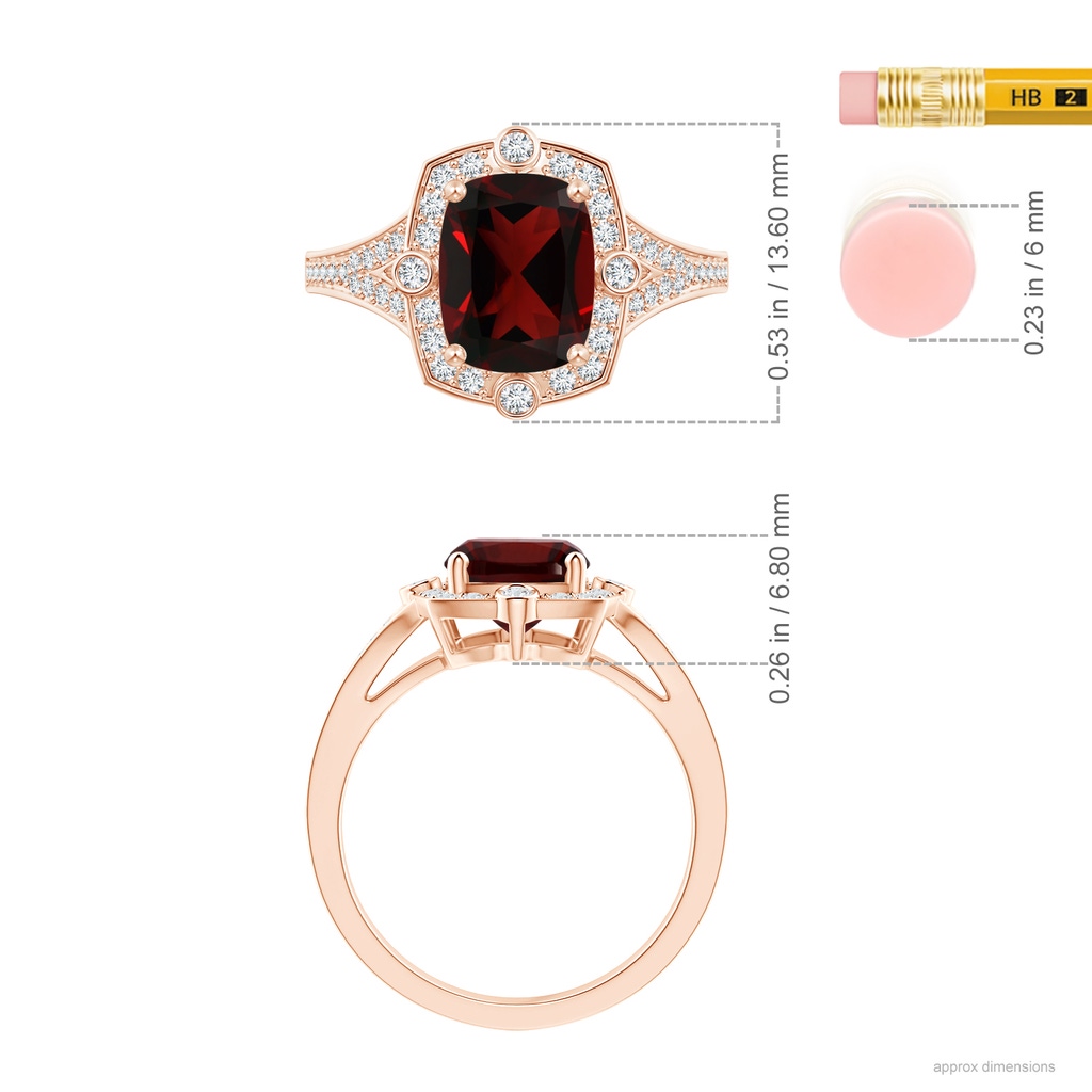 9.05x7.02x4.22mm AAA GIA Certified Art Deco Inspired Garnet Ring with Halo in Rose Gold ruler