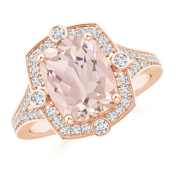 10x8mm A Art Deco Inspired Cushion Morganite Ring with Diamond Halo in Rose Gold 
