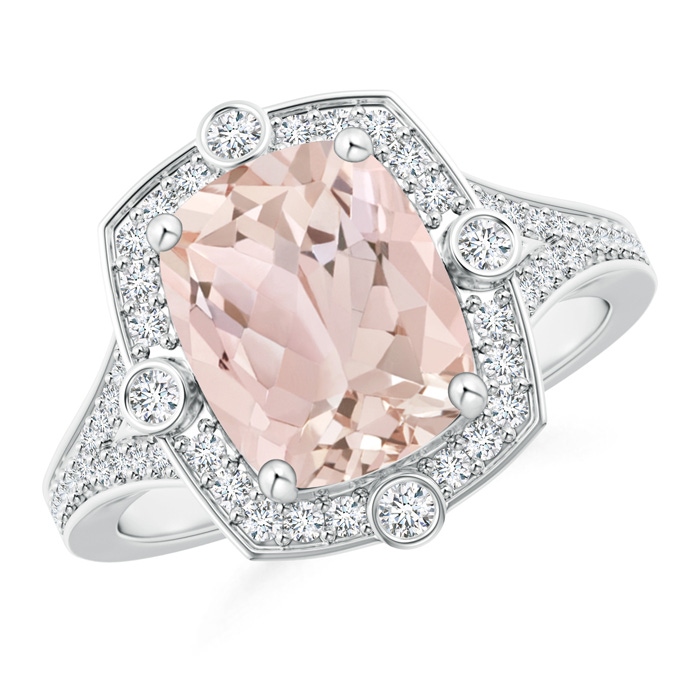 10x8mm A Art Deco Inspired Cushion Morganite Ring with Diamond Halo in White Gold 