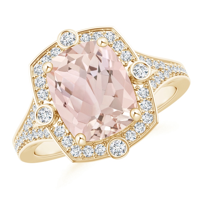 10x8mm A Art Deco Inspired Cushion Morganite Ring with Diamond Halo in Yellow Gold 