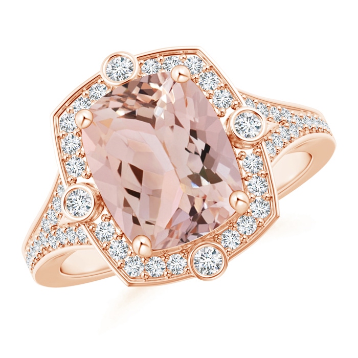 10x8mm AAA Art Deco Inspired Cushion Morganite Ring with Diamond Halo in Rose Gold 