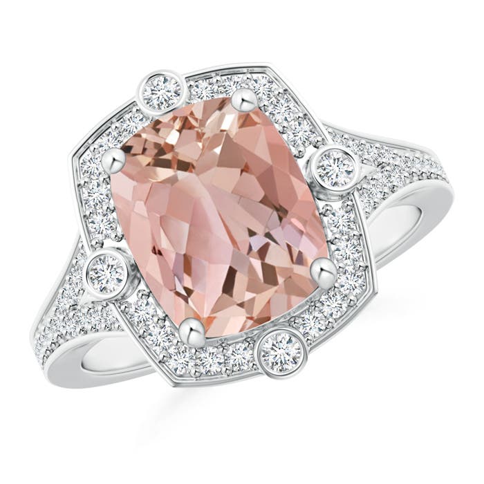 10x8mm AAAA Art Deco Inspired Cushion Morganite Ring with Diamond Halo in P950 Platinum