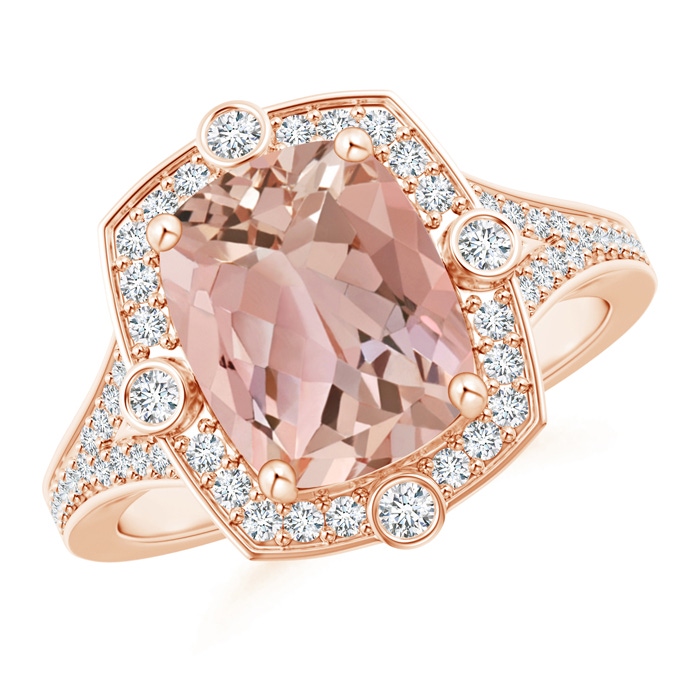 10x8mm AAAA Art Deco Inspired Cushion Morganite Ring with Diamond Halo in Rose Gold 