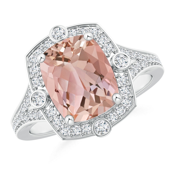 10x8mm AAAA Art Deco Inspired Cushion Morganite Ring with Diamond Halo in White Gold 