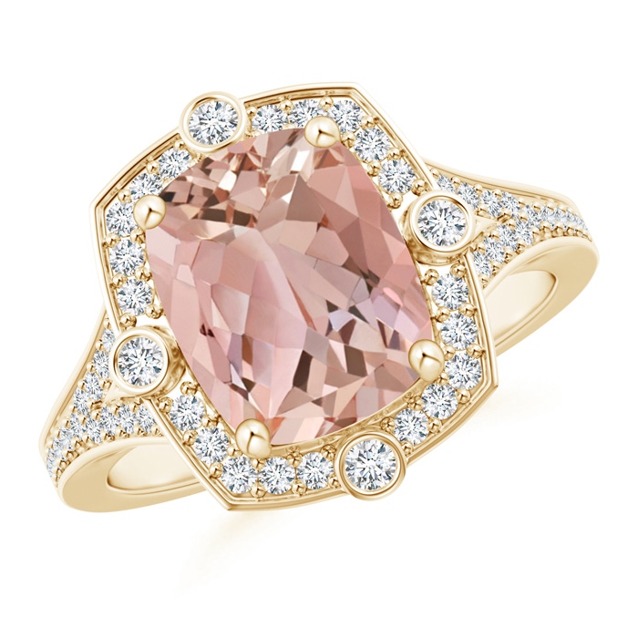10x8mm AAAA Art Deco Inspired Cushion Morganite Ring with Diamond Halo in Yellow Gold 