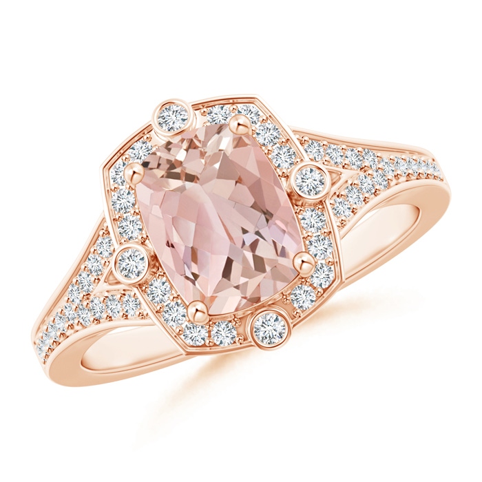 8x6mm AAAA Art Deco Inspired Cushion Morganite Ring with Diamond Halo in 10K Rose Gold