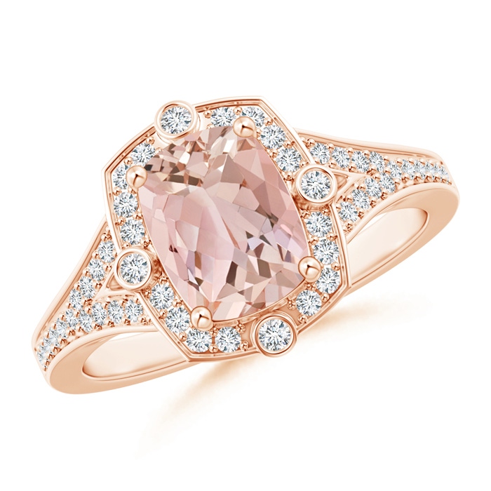 8x6mm AAAA Art Deco Inspired Cushion Morganite Ring with Diamond Halo in Rose Gold 
