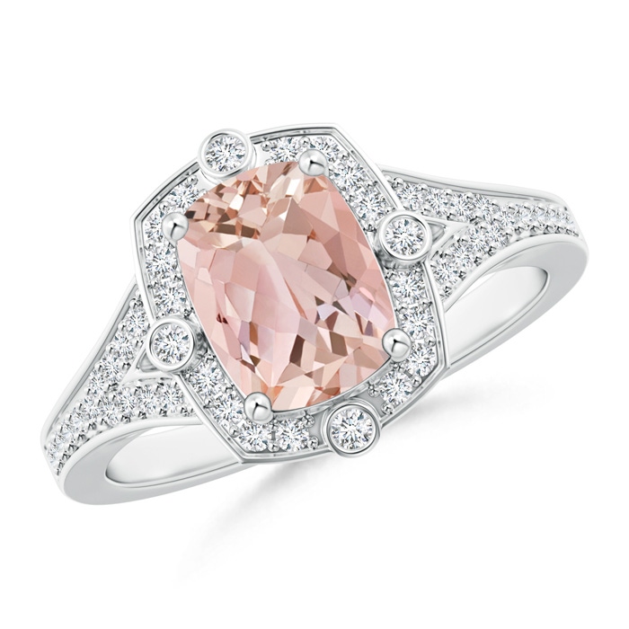 8x6mm AAAA Art Deco Inspired Cushion Morganite Ring with Diamond Halo in White Gold 