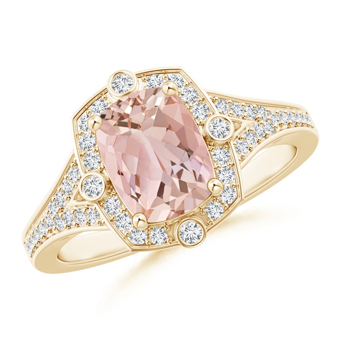 8x6mm AAAA Art Deco Inspired Cushion Morganite Ring with Diamond Halo in Yellow Gold