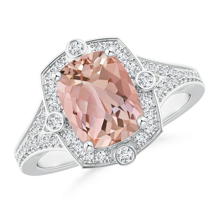 9x7mm AAAA Art Deco Inspired Cushion Morganite Ring with Diamond Halo in P950 Platinum