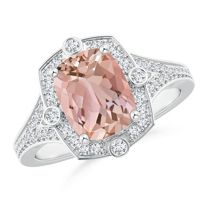 9x7mm AAAA Art Deco Inspired Cushion Morganite Ring with Diamond Halo in White Gold 