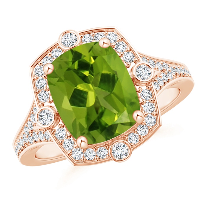 10x8mm AAAA Art Deco Inspired Cushion Peridot Ring with Diamond Halo in Rose Gold