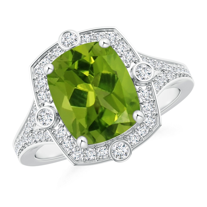 10x8mm AAAA Art Deco Inspired Cushion Peridot Ring with Diamond Halo in White Gold