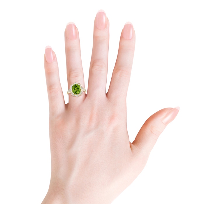 10x8mm AAAA Art Deco Inspired Cushion Peridot Ring with Diamond Halo in Yellow Gold product image