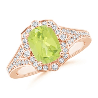 8x6mm A Art Deco Inspired Cushion Peridot Ring with Diamond Halo in 9K Rose Gold