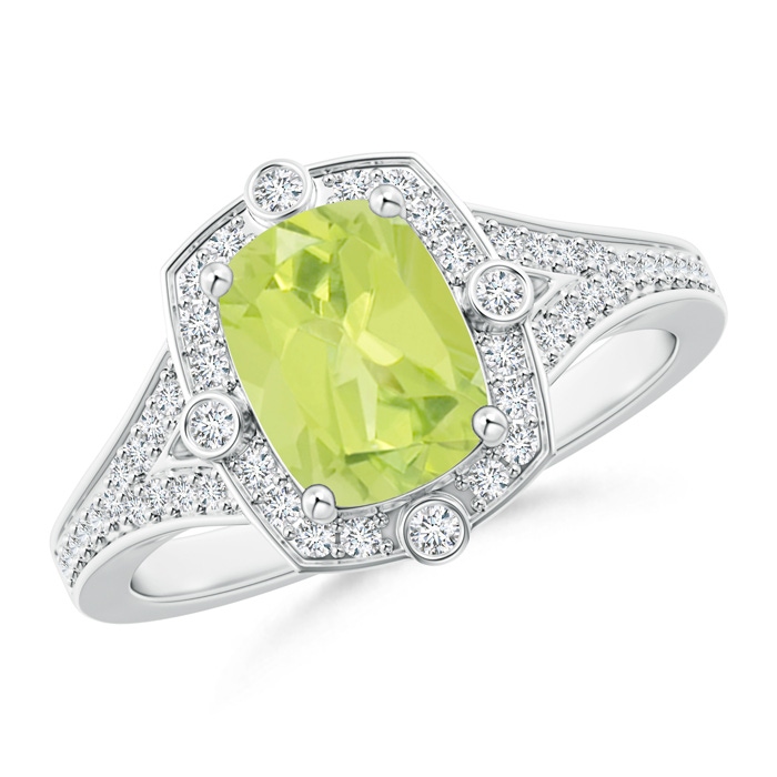 8x6mm A Art Deco Inspired Cushion Peridot Ring with Diamond Halo in P950 Platinum 