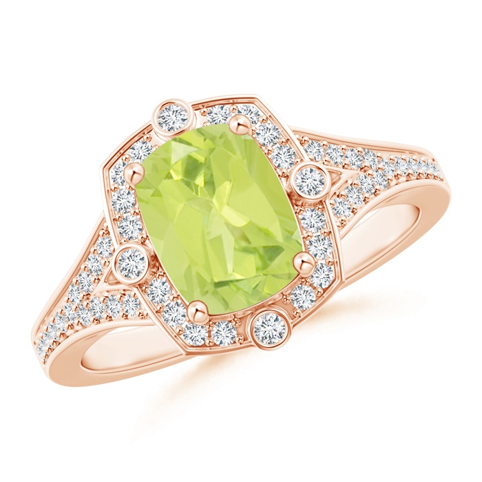8x6mm A Art Deco Inspired Cushion Peridot Ring with Diamond Halo in Rose Gold 