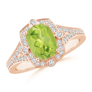 8x6mm AA Art Deco Inspired Cushion Peridot Ring with Diamond Halo in 10K Rose Gold