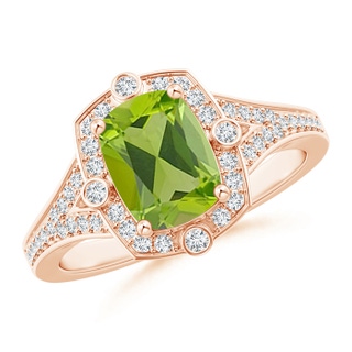 8x6mm AAA Art Deco Inspired Cushion Peridot Ring with Diamond Halo in 10K Rose Gold
