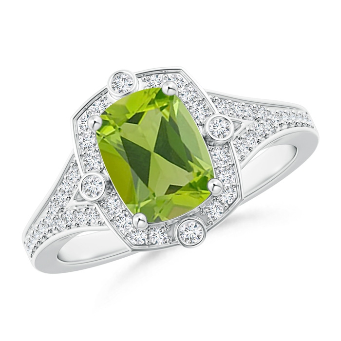 8x6mm AAA Art Deco Inspired Cushion Peridot Ring with Diamond Halo in White Gold 