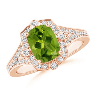 8x6mm AAAA Art Deco Inspired Cushion Peridot Ring with Diamond Halo in 9K Rose Gold