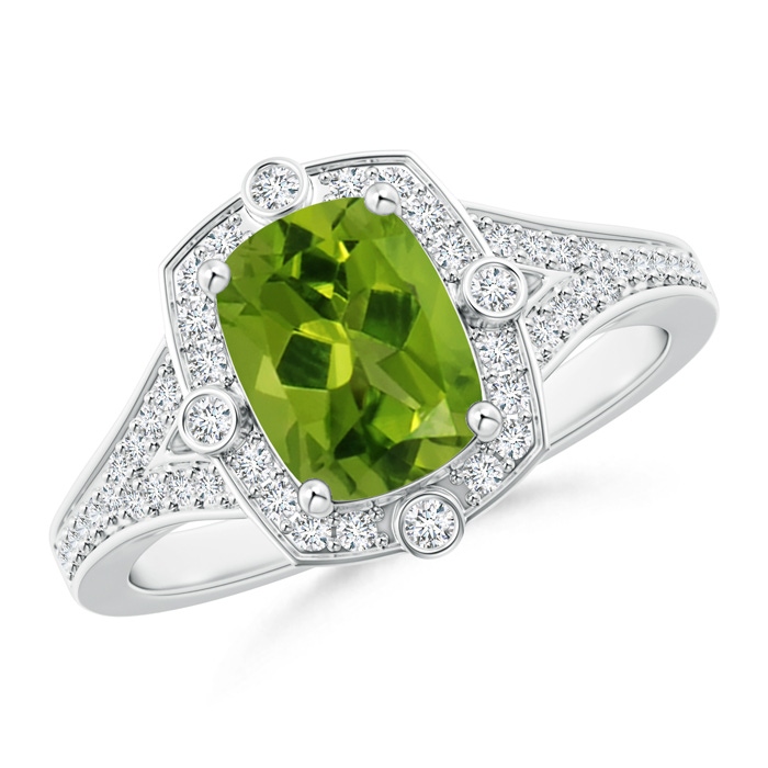 8x6mm AAAA Art Deco Inspired Cushion Peridot Ring with Diamond Halo in P950 Platinum 