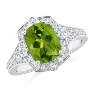 9x7mm AAAA Art Deco Inspired Cushion Peridot Ring with Diamond Halo in P950 Platinum