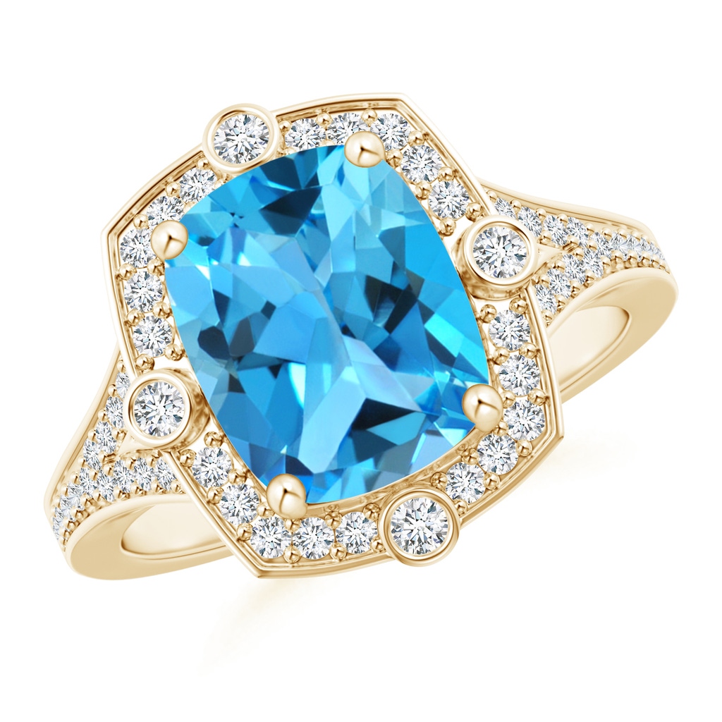 10x8mm AAA Art Deco Inspired Cushion Swiss Blue Ring with Diamond Halo in Yellow Gold