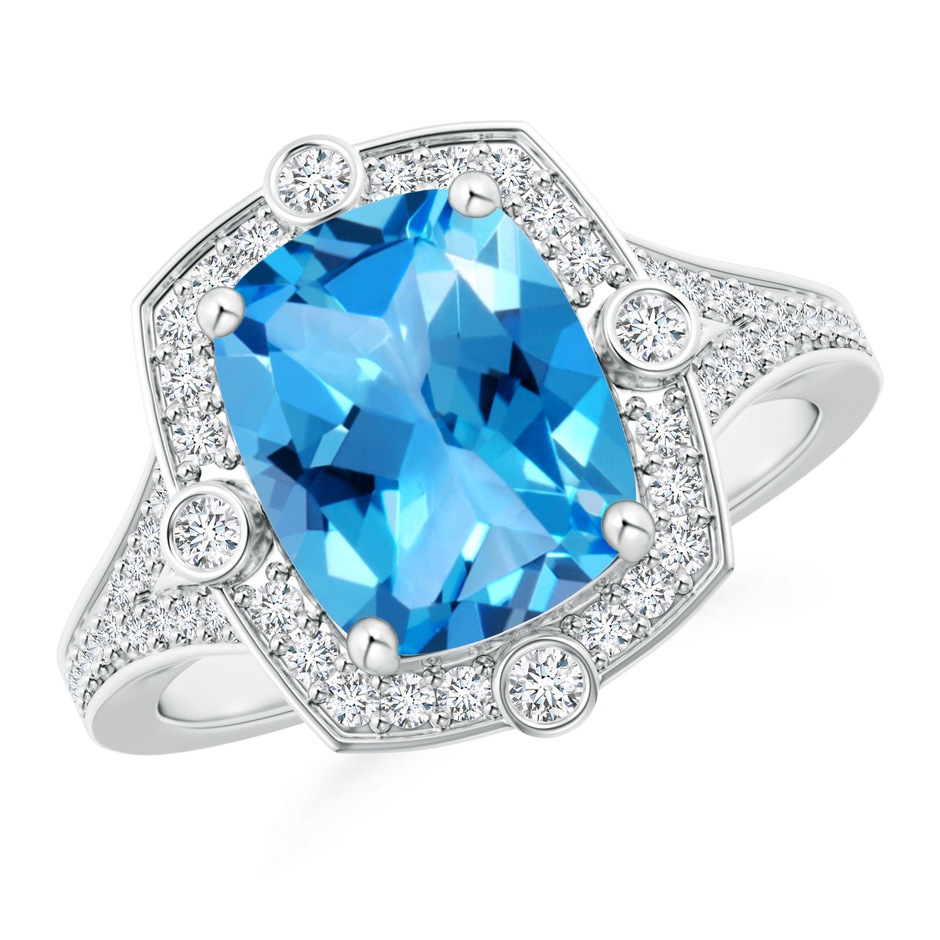 10x8mm AAAA Art Deco Inspired Cushion Swiss Blue Ring with Diamond Halo in P950 Platinum 