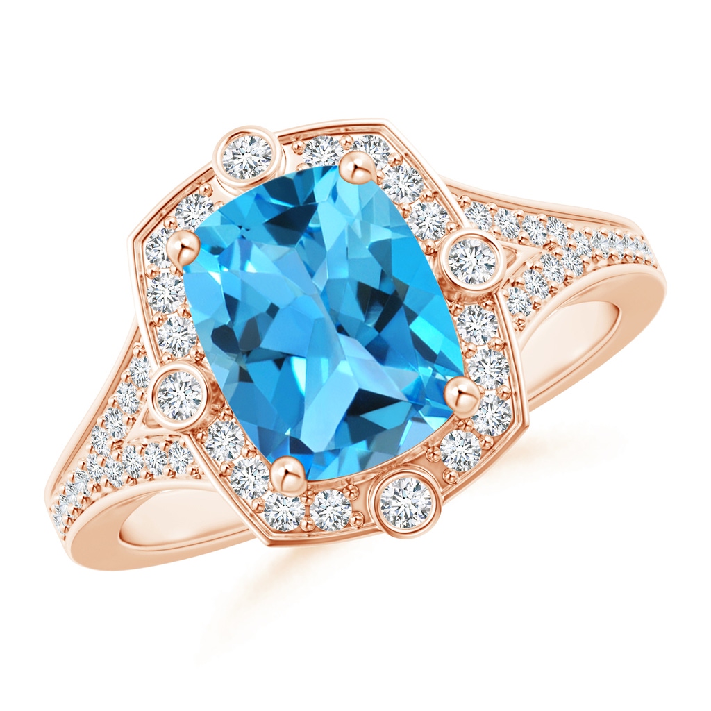 9x7mm AAA Art Deco Inspired Cushion Swiss Blue Ring with Diamond Halo in Rose Gold
