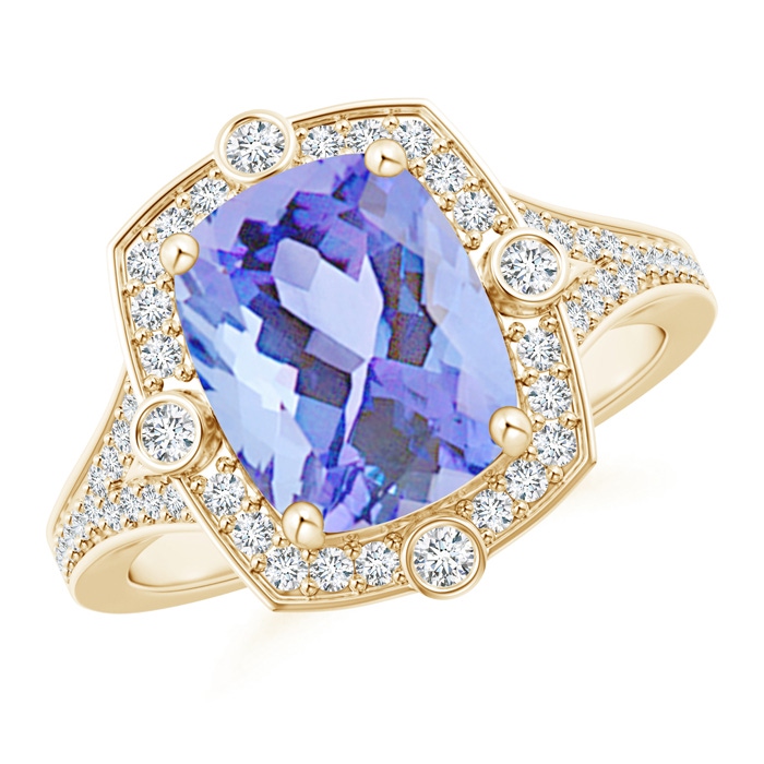 10x8mm A Art Deco Inspired Cushion Tanzanite Ring with Diamond Halo in Yellow Gold 