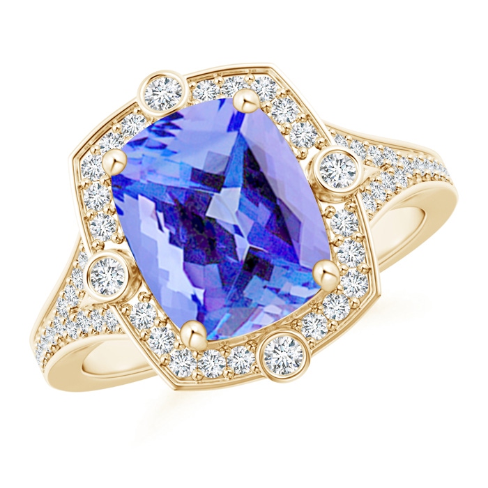 10x8mm AA Art Deco Inspired Cushion Tanzanite Ring with Diamond Halo in Yellow Gold 