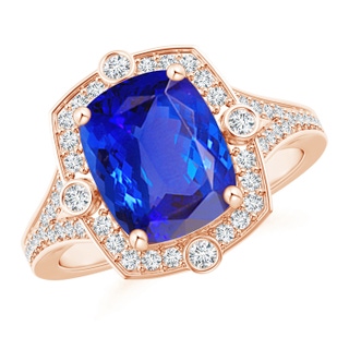 10x8mm AAA Art Deco Inspired Cushion Tanzanite Ring with Diamond Halo in Rose Gold