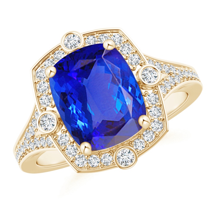 10x8mm AAA Art Deco Inspired Cushion Tanzanite Ring with Diamond Halo in Yellow Gold 