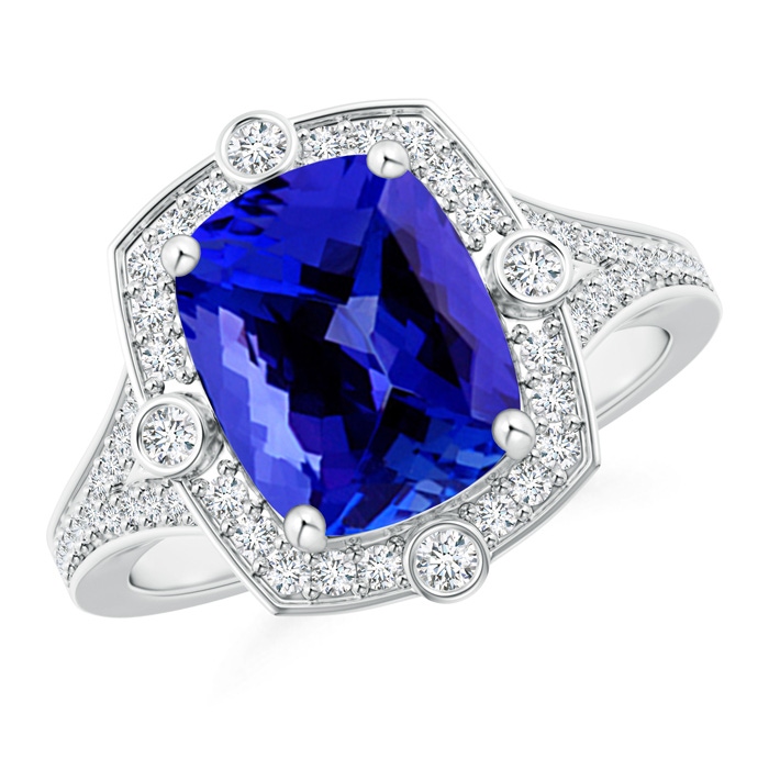 10x8mm AAAA Art Deco Inspired Cushion Tanzanite Ring with Diamond Halo in P950 Platinum