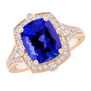 10x8mm AAAA Art Deco Inspired Cushion Tanzanite Ring with Diamond Halo in Rose Gold