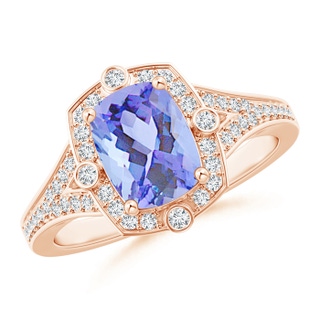 8x6mm A Art Deco Inspired Cushion Tanzanite Ring with Diamond Halo in 10K Rose Gold