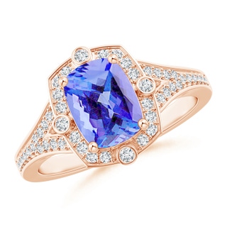 8x6mm AA Art Deco Inspired Cushion Tanzanite Ring with Diamond Halo in 10K Rose Gold