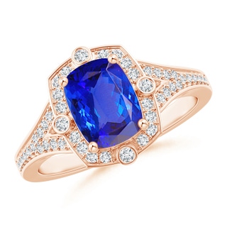 8x6mm AAA Art Deco Inspired Cushion Tanzanite Ring with Diamond Halo in 10K Rose Gold