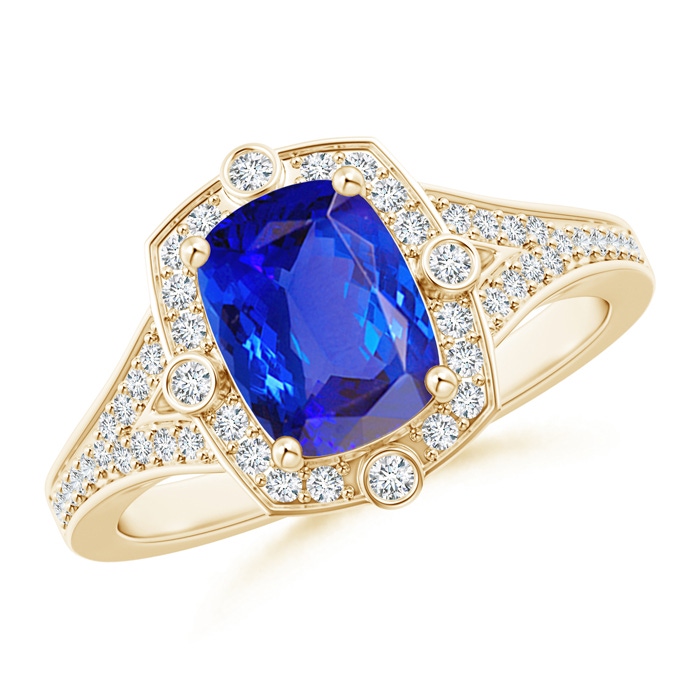 8x6mm AAA Art Deco Inspired Cushion Tanzanite Ring with Diamond Halo in Yellow Gold