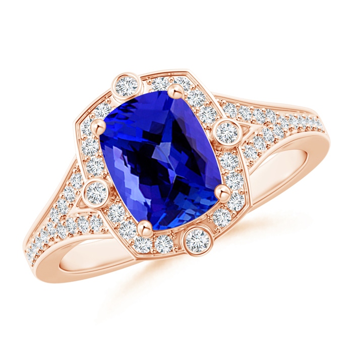 8x6mm AAAA Art Deco Inspired Cushion Tanzanite Ring with Diamond Halo in Rose Gold 