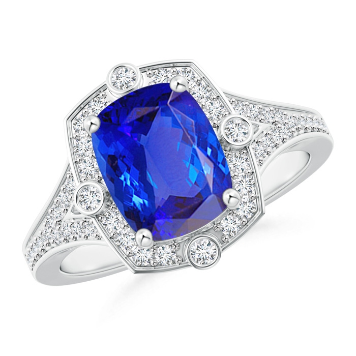 9x7mm AAA Art Deco Inspired Cushion Tanzanite Ring with Diamond Halo in White Gold