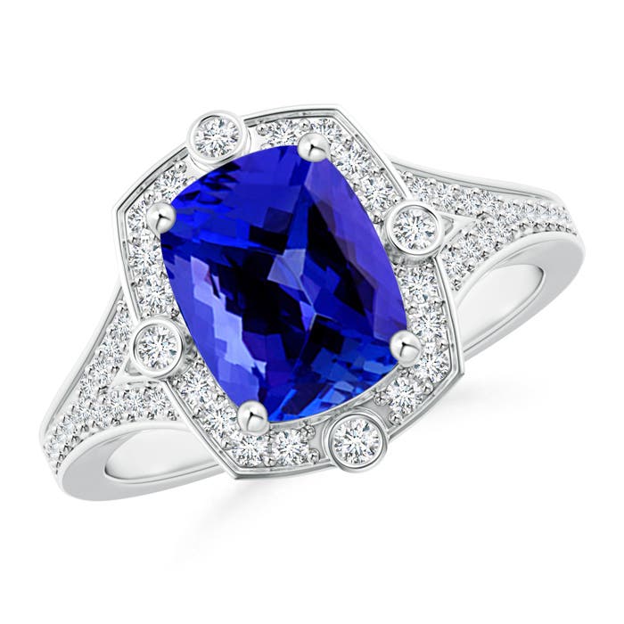 9x7mm AAAA Art Deco Inspired Cushion Tanzanite Ring with Diamond Halo in P950 Platinum