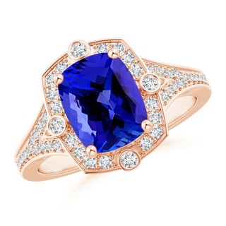 9x7mm AAAA Art Deco Inspired Cushion Tanzanite Ring with Diamond Halo in Rose Gold