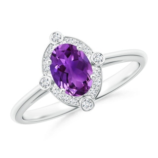 7x5mm AAAA Deco Inspired Oval Amethyst and Diamond Halo Ring in White Gold